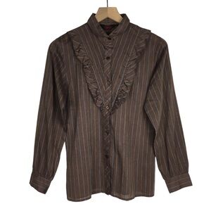 VINTAGE GEORGIE PORGIE Button Up Shirt Blouse Ruffles Frill Stripe Brown Size 11